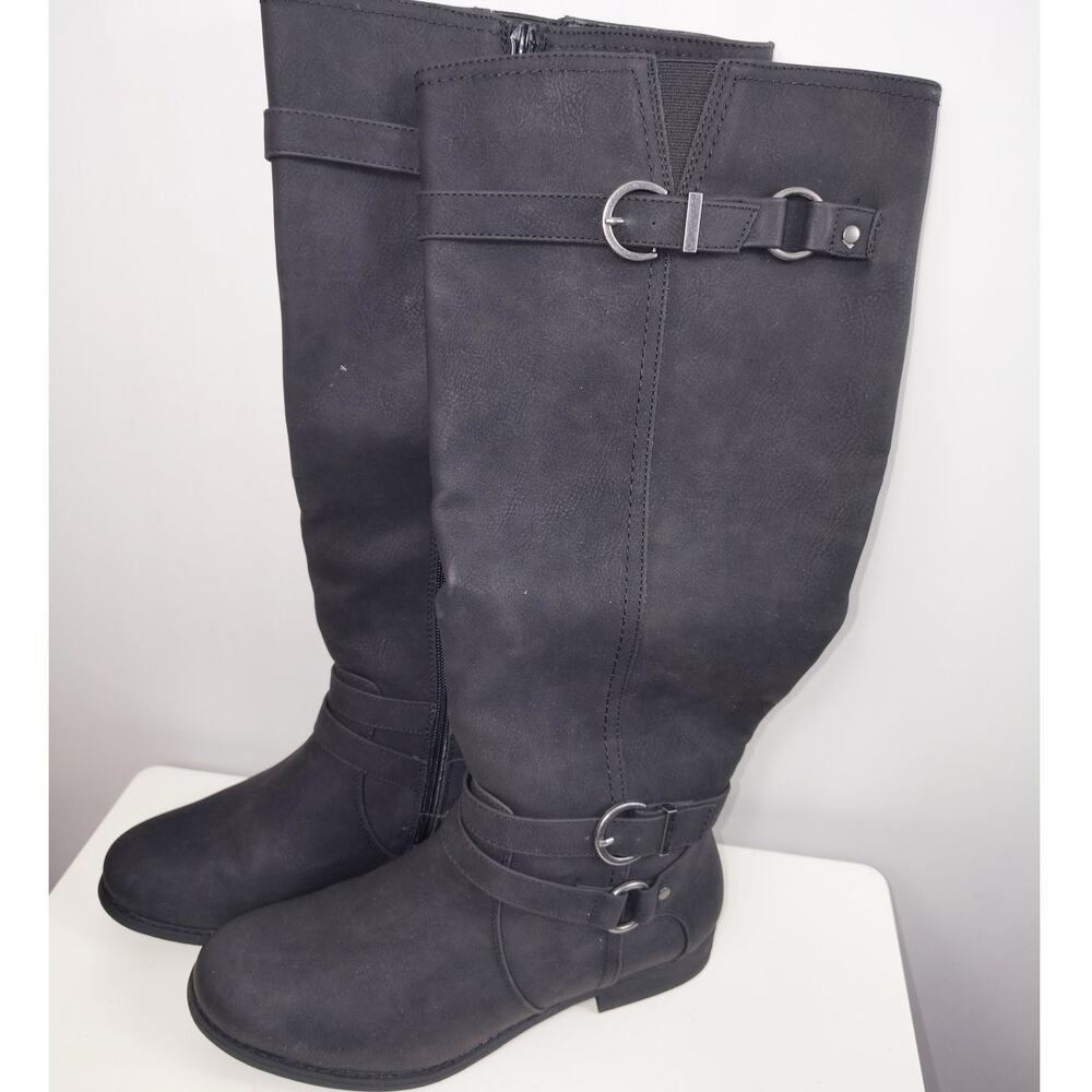 Ruiee Women's Knee High Boots Black Round Toe S Buckle Accent Size 8